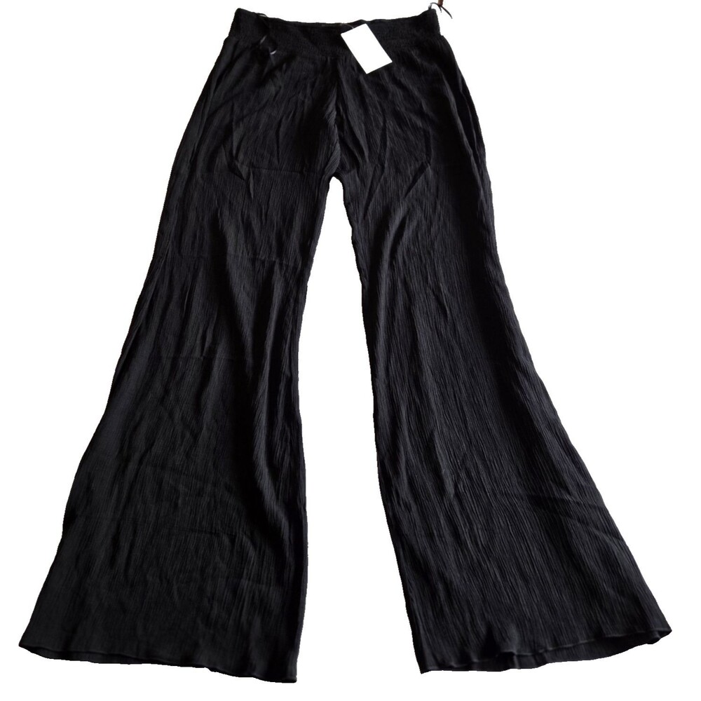 INDAH Womens Lg Black Crinkle Wide Leg Fold Over Waist Lounge Travel Pants NWT